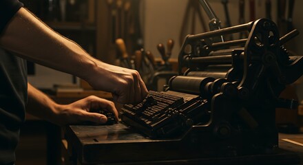 Artisan Craftsman Setting Type on Antique Printing Press