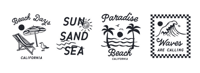 Summer beach badge vector set with palm trees, waves, sun, and typography for California surf style. Perfect for t-shirts, posters, or travel branding.
