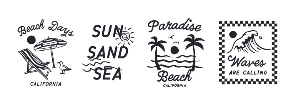 Summer beach badge vector set with palm trees, waves, sun, and typography for California surf style. Perfect for t-shirts, posters, or travel branding. - Powered by Adobe
