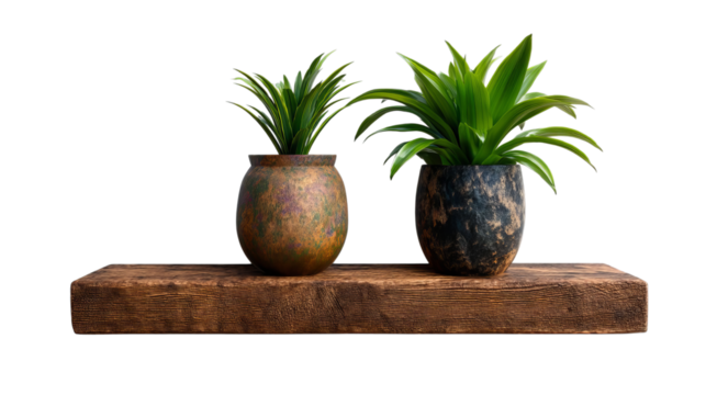 PNG of Stylish arrangement of two potted plants on a rustic wooden shelf, featuring vibrant greenery and unique textures.