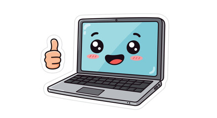 Cute kawaii laptop with happy face and thumbs up gesture for technology designs