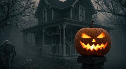 A carved pumpkin sits in front of a spooky, old house on a foggy Halloween night.