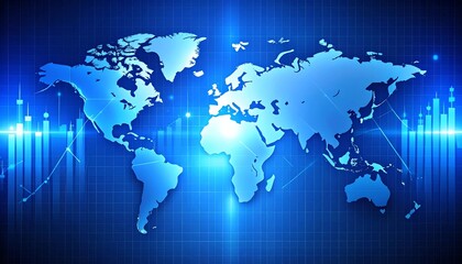 Fototapeta premium Abstract 3D rendering of a world map with financial data and technical charts in a blue, futuristic style, symbolizing global business, market analysis, and digital innovation.