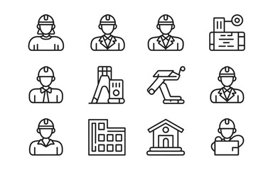 Collection of engineering and construction icons featuring people buildings and equipment silhouette isolated on white background