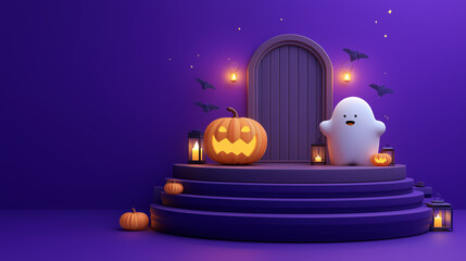 Halloween podium, Halloween themes with a festival background, holiday celebration illustration with copy space on purple banner design. happy Halloween day.