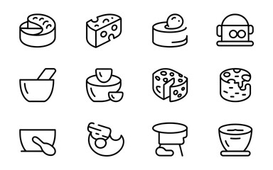 Collection of cheese and food preparation icons silhouette isolated on white background