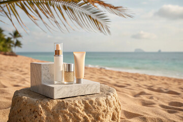 Stone podium for summer cosmetics product presentation on blurred tropical sea sand beach background