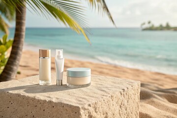 Stone podium for summer cosmetics product presentation on blurred tropical sea sand beach background