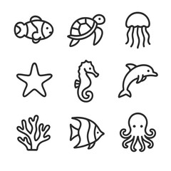 Underwater Creatures Icons. Outline icon set of underwater creatures: clownfish, sea turtle, jellyfish, starfish, seahorse,