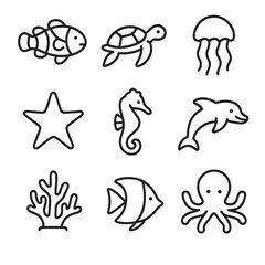 Underwater Creatures Icons. Outline icon set of underwater creatures: clownfish, sea turtle, jellyfish, starfish, seahorse,
