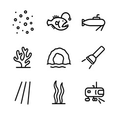 Underwater Icons Grid. Outline icon set of underwater low light: bioluminescent plankton, deep-sea fish silhouette, submarine