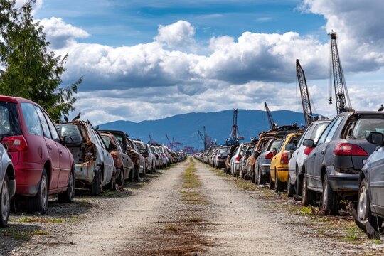 rust cars are lined up across a vast open scrapyard