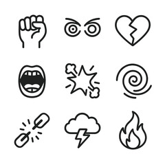 Untamed Emotions Icons. Outline icon set of untamed emotions: clenched fist, wild eyes, shattered heart, roaring mouth, explosive