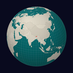 Kingdom of Bhutan on the map. Globe centered to Bhutan. Country location on the world map. Teal Pale Mint color palette. Globe with countries, meridians and parallels. Authentic vector illustration.