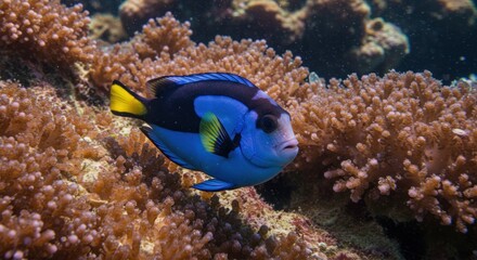 A blue tang fish swims near coral in a vibrant underwater scene, showcasing marine life.