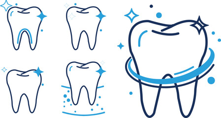A clean and modern set of line icons representing dental care perfect for a dental clinic logo or branding featuring healthy teeth and professional medical symbols
