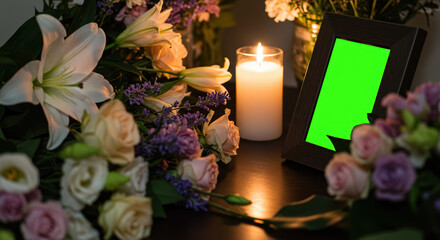 Funeral arrangement with lilies roses and candle near green screen frame. Sympathy flowers and lit candle create somber mood for remembrance.  Funeral concept for memorial cards and announcements.