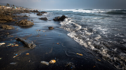 Fototapeta premium Pollution awareness beach cleanup coastal area environmental photography natural landscape wide angle ocean conservation