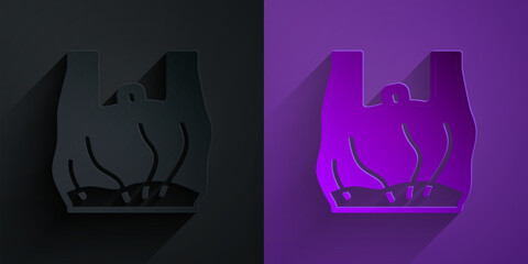 Paper cut Say no to plastic bags poster icon isolated on black on purple background. Disposable cellophane and polythene package prohibition sign. Paper art style. Vector