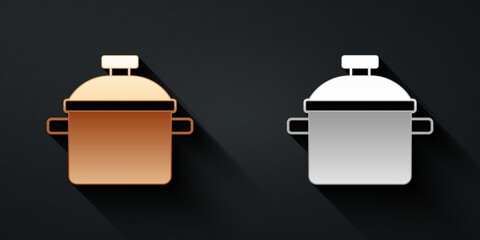 Gold and silver Cooking pot icon isolated on black background. Boil or stew food symbol. Long shadow style. Vector