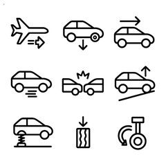 Vehicle Force Icons. Outline icon set of force in vehicles: engine thrust, brake force, acceleration, drag, impact collision,