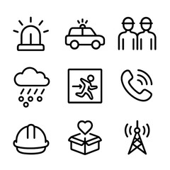 Hailstorm Emergency Icons. Outline icon set of hailstorm emergency: warning siren, emergency vehicle, rescue team, weather radar,