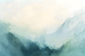 Abstract watercolor painting of misty mountains with soft light and muted blue and green tones art