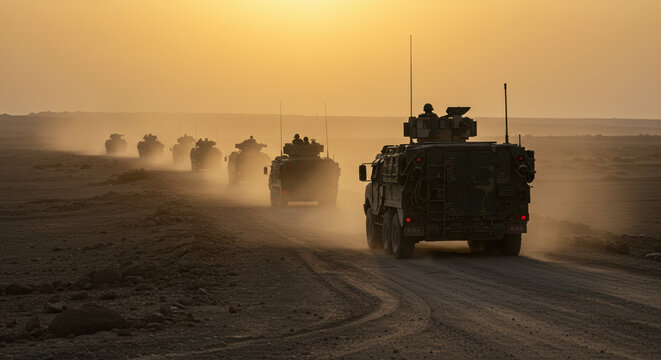 Military convoy transports vehicles through desert landscape, with a line of armored vehicles moving forward at dawn.