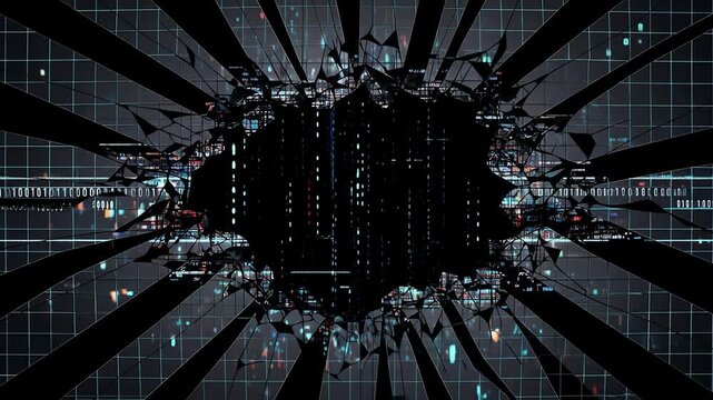 A shattered digital screen with radiating cracks reveals a dark, futuristic cityscape.