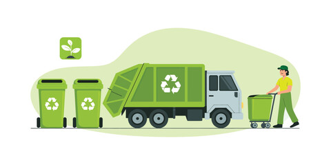 Recycling worker pushing bin beside eco-friendly truck and bins with symbols, promoting sustainability, waste management, and green practices