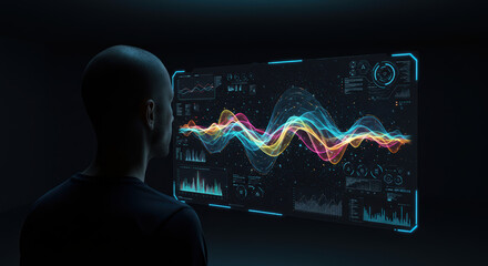 Analyzing data visualization with digital display showing glowing graphs and charts. Man analyzes data visualization on futuristic transparent screen in a dark room with abstract waveform.