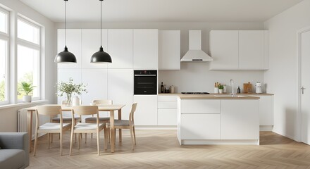 Modern Minimalist White Kitchen Interior with Wooden Accents