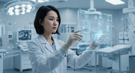 Surgeon using holographic interface in modern operating room for medical innovation. Medical innovation for futuristic surgery with data analysis and sophisticated tools.