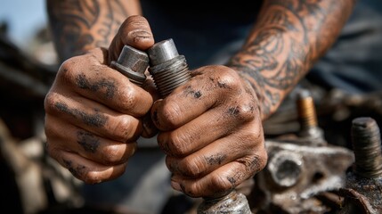 Close-up of a scrapyard worker rough, grease-stained hands gripping a worn rusty bolt
