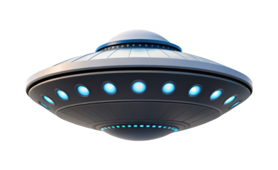 Modern UFO spacecraft with glowing blue lights and smooth design concept for science fiction alien technology and space exploration isolated on clean transparent background in PNG