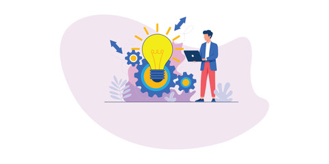 Man holding laptop beside illuminated light bulb surrounded by gears, symbolizing innovation, digital problem-solving, and tech creativity