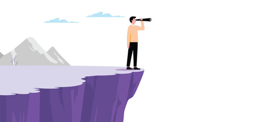 Man with binoculars standing on cliff edge gazing into horizon, symbolizing adventure, exploration, future vision, and determination