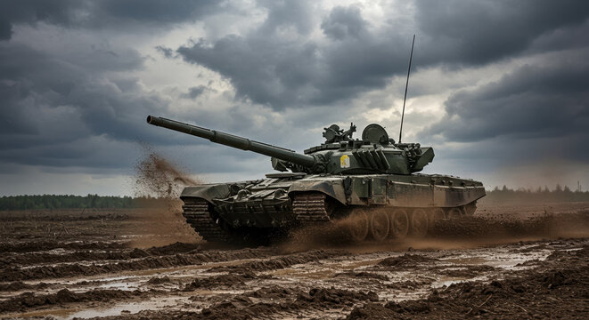Heavy tank in muddy field, heavy tank driving through a field churning mud and water under cloudy skies. Powerful heavy tank in motion symbolizes military might and technological advancement.