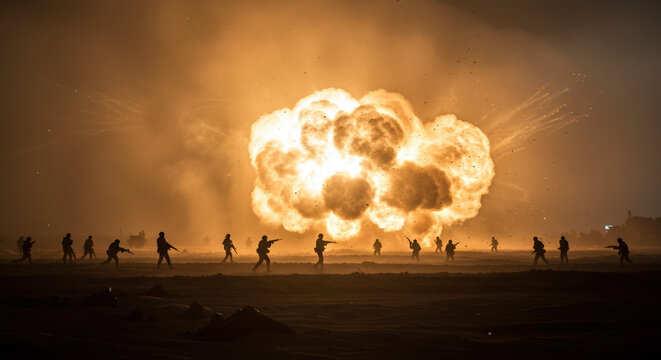 Dramatic bomb explosion on military training ground with soldiers running for cover in dynamic light. Bomb explosion creates powerful blast and dangerous battlefield scenario.