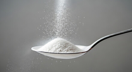 White powder being poured onto a spoon, creating a small pile, against a neutral gray background.
