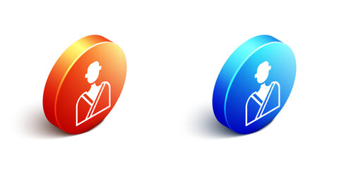 Isometric Man in the sauna icon isolated on white background. Orange and blue circle button. Vector