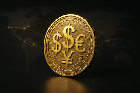 Golden coin with four currency symbols. The concept of global wealth, connections, and financial markets. - Powered by Adobe