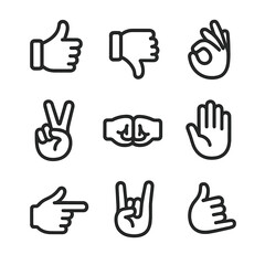 Obraz premium Hand Gesture Icons. Outline icon set of common hand gestures: thumbs up, thumbs down, OK sign, peace sign, fist bump, open palm,