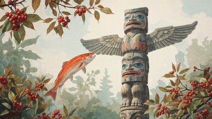 A totem pole with wings and faces with a fish and red berries in a forest landscape art
