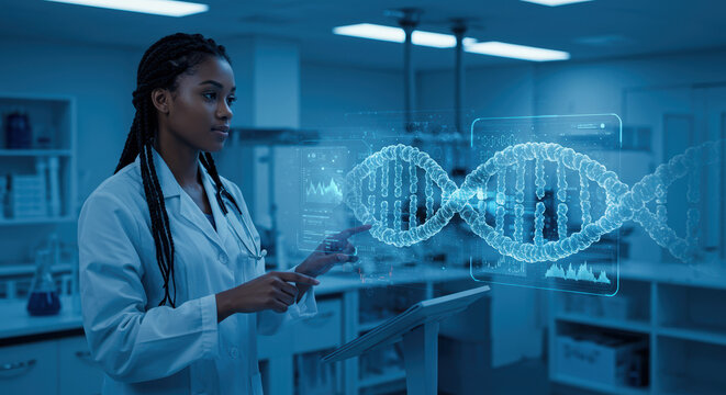 Science research in laboratory, showcasing female researcher with digital DNA strand. Science research shows an african female scientist analyzing data on tablet.