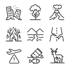Fototapeta premium Volcanic Impact Icons. Outline icon set of volcanic eruption impact: destroyed buildings, ash-covered trees, lava flow path, burnt