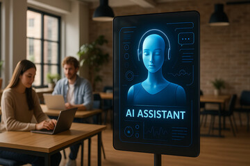 Two people interacting with digital AI assistant screen in office environment for tech usage concept