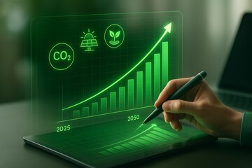 Green technology investor plans a long-term strategy using a tablet with a holographic chart showing positive growth in solar power and sustainable business practices.
