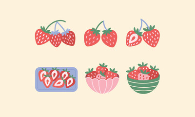 Naklejka premium Cute hand-drawn strawberries in different styles and bowls, flat vector illustration of fresh red fruit with green leaves on light background