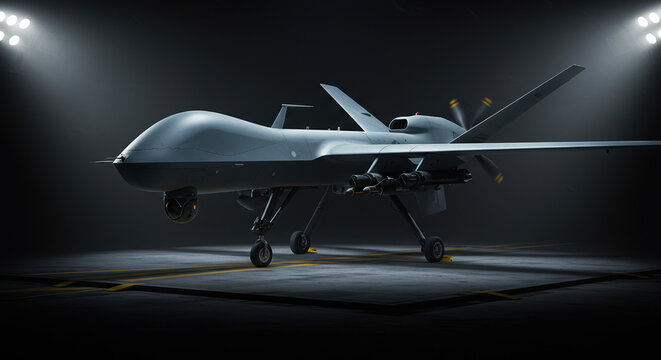 Military drone ready for flight, under studio lights on runway. Military drone is prepared for use in modern warfare, high tech surveillance, and strategic aerial missions.